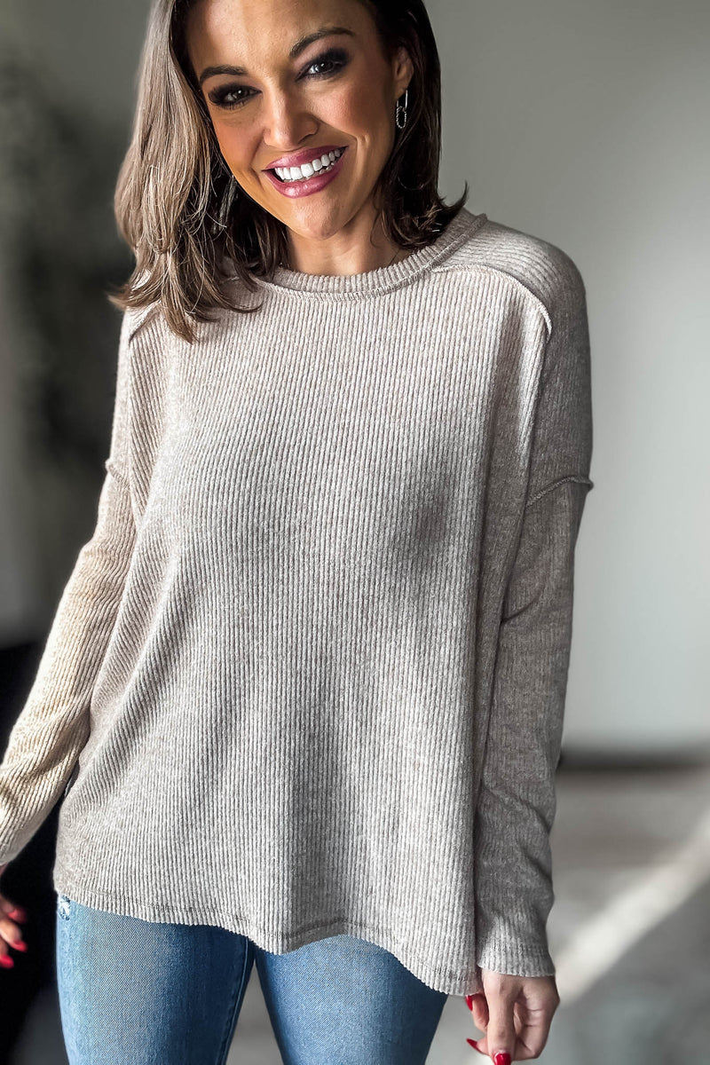 Brushed Heather Mocha Ribbed Hacci Hi-Low Sweater Top