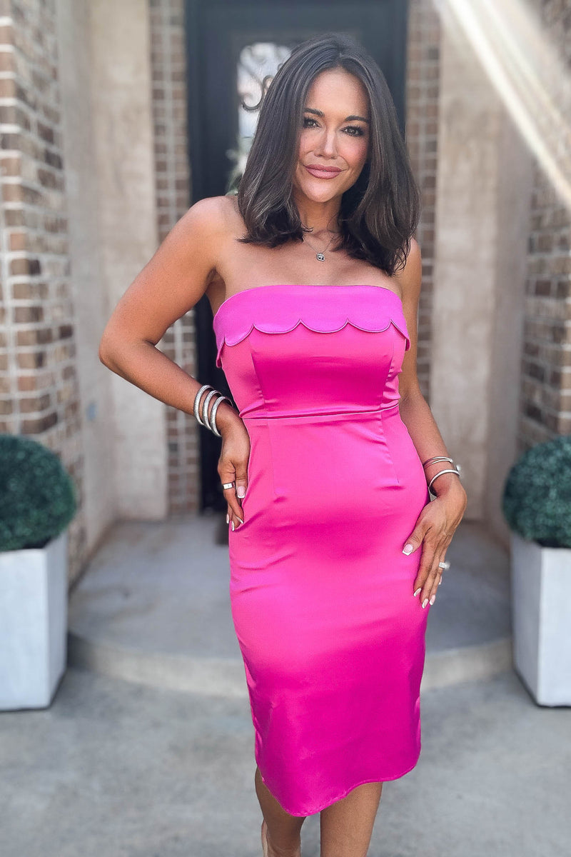 Mable Bold Magenta Scalloped Detail Tube Midi Dress