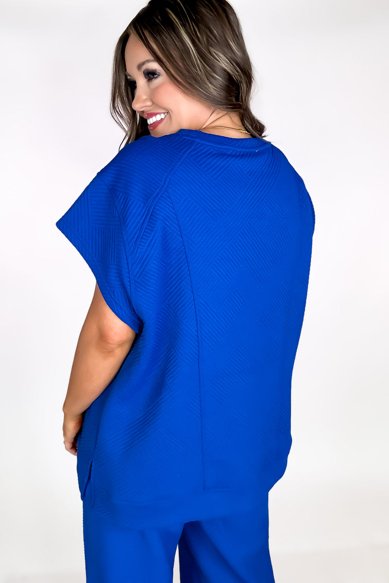 Royal Blue Oversized Criss Cross Jacquard Boxy Cut Short Sleeve Shirt