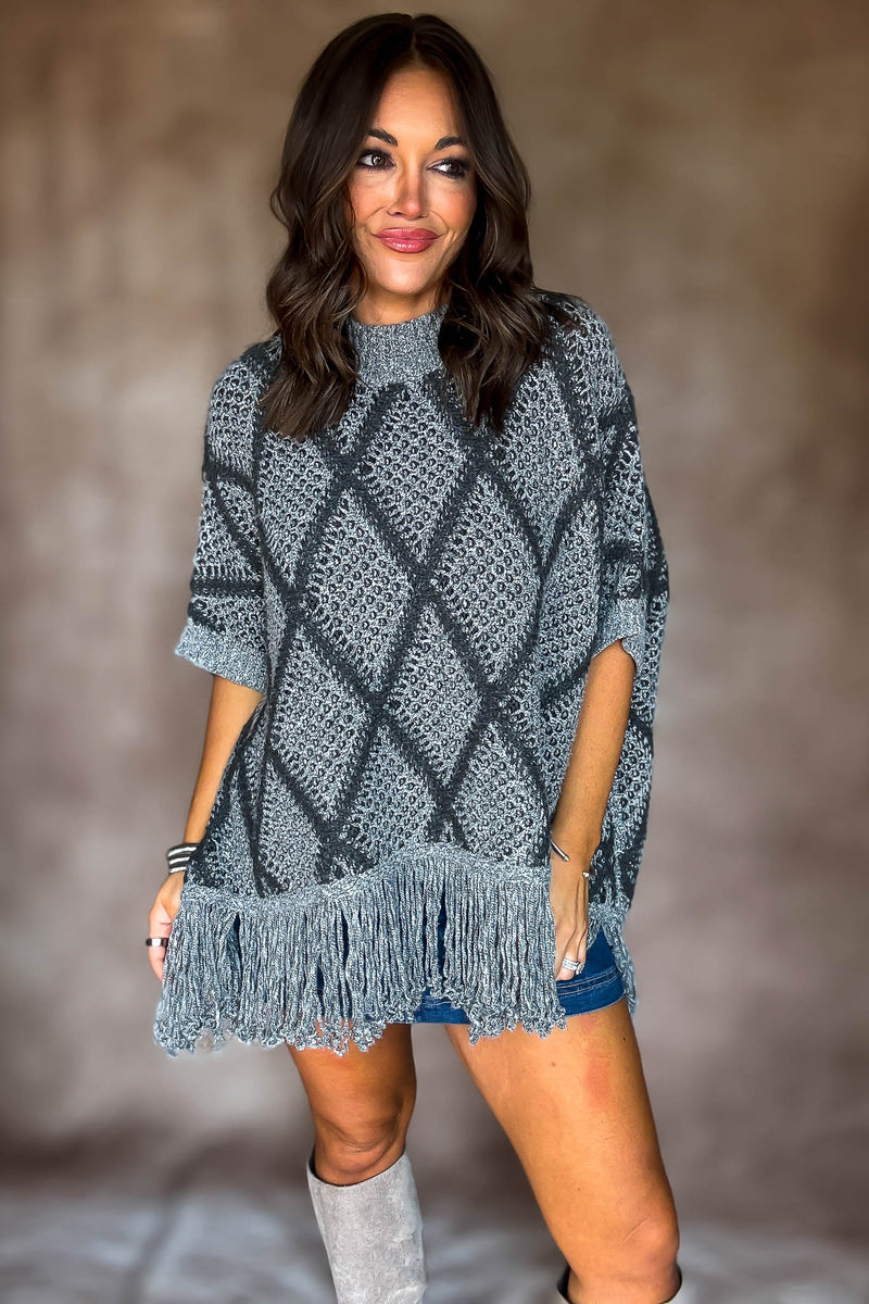 Grey Sweater Poncho With Fringe Hem