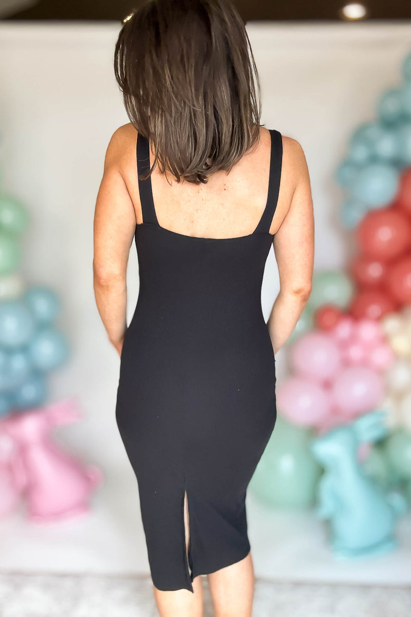 Square Neck Black Midi Sheath Dress