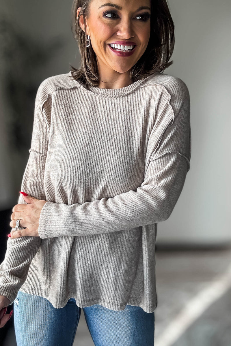 Brushed Heather Mocha Ribbed Hacci Hi-Low Sweater Top