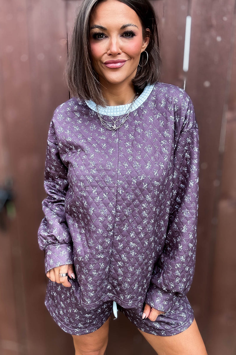 Annie Blue And Brown Floral Print Quilted Knit Pullover