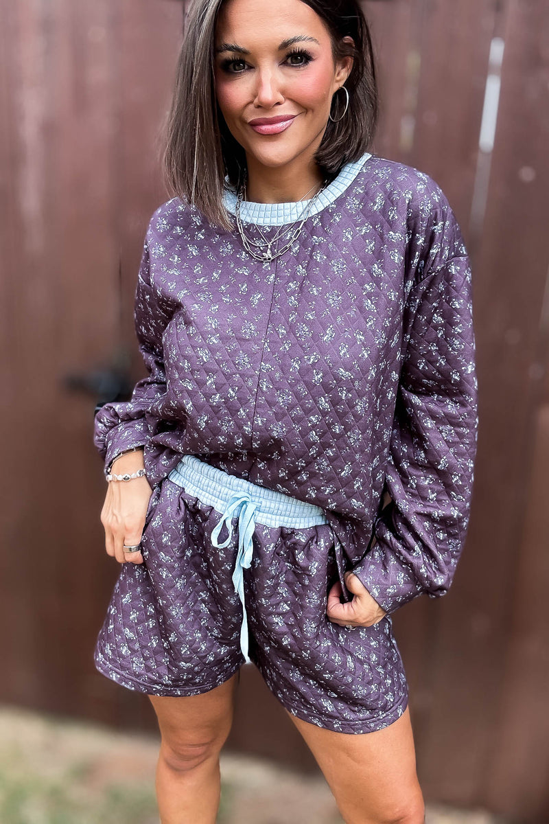 Annie Blue And Brown Floral Print Quilted Knit Pullover