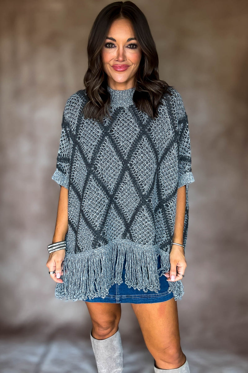 Grey Sweater Poncho With Fringe Hem