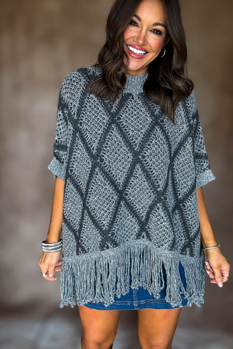 Grey Sweater Poncho With Fringe Hem