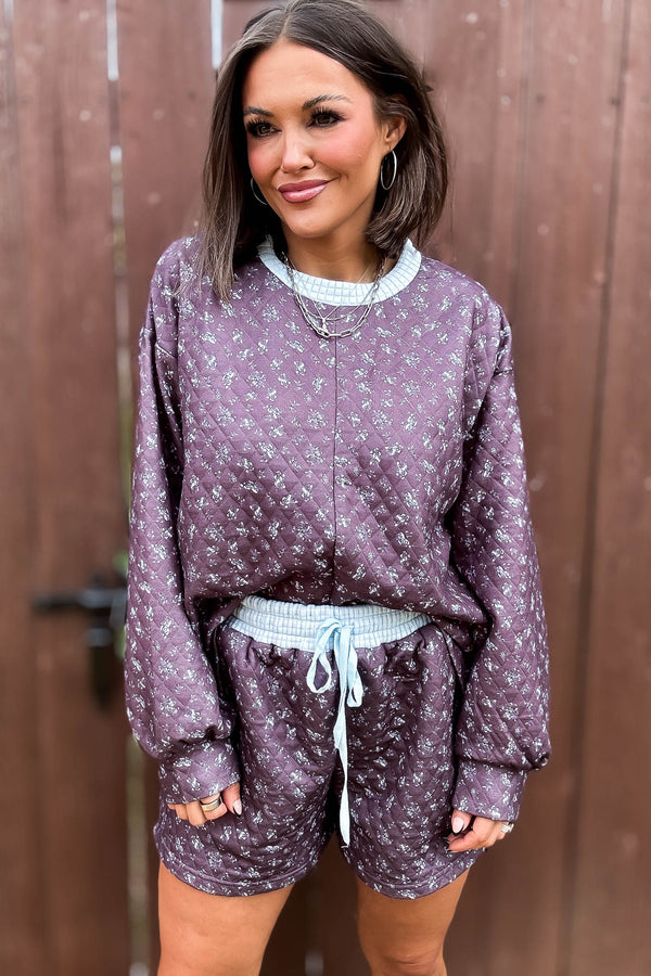 Annie Blue And Brown Floral Print Quilted Knit Pullover