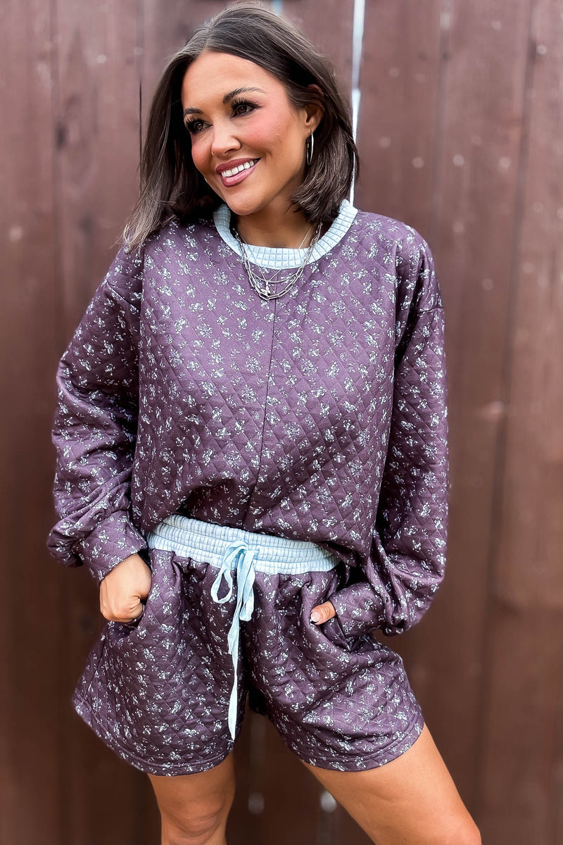 Annie Blue And Brown Floral Print Quilted Shorts