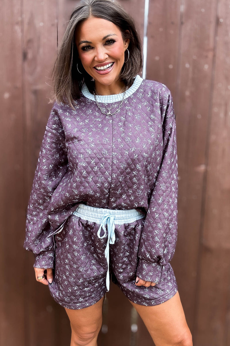 Annie Blue And Brown Floral Print Quilted Knit Pullover