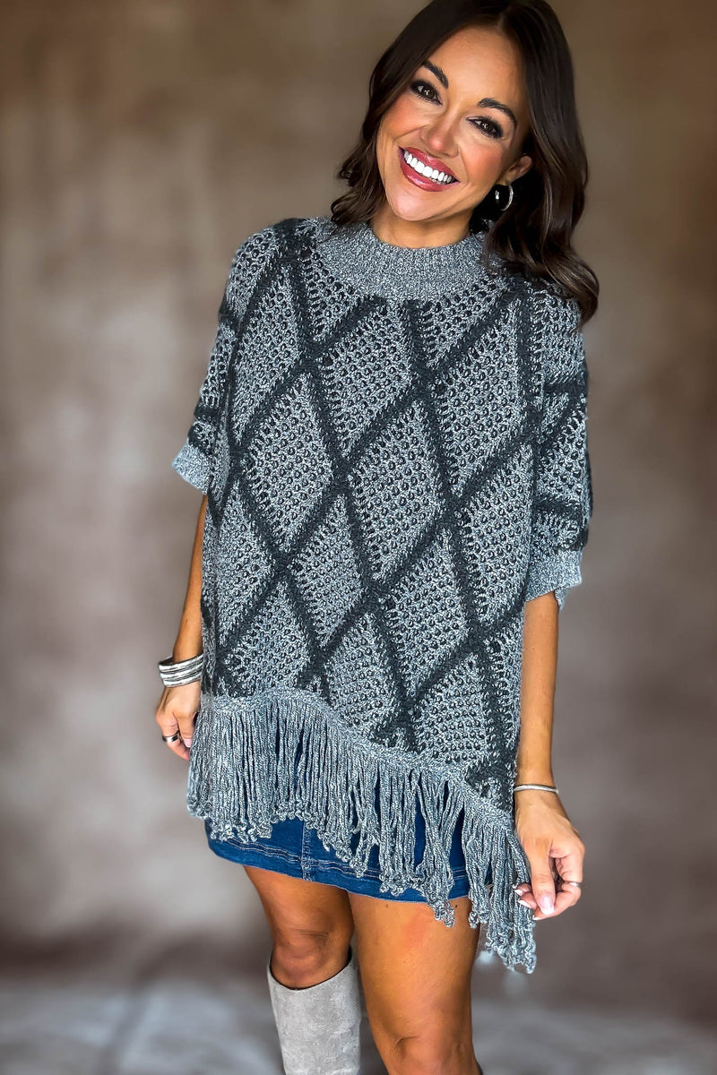 Grey Sweater Poncho With Fringe Hem