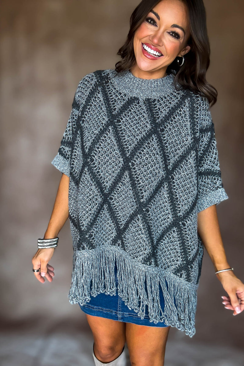 Grey Sweater Poncho With Fringe Hem