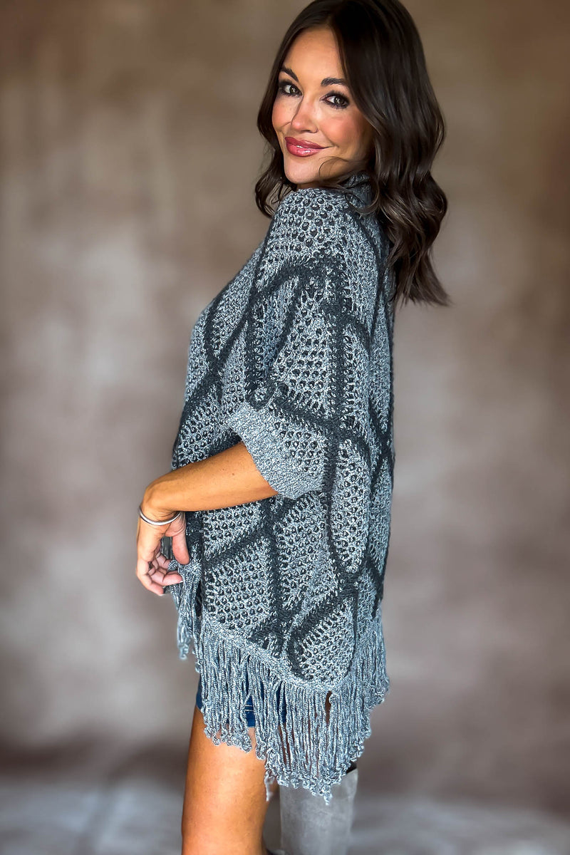 Grey Sweater Poncho With Fringe Hem