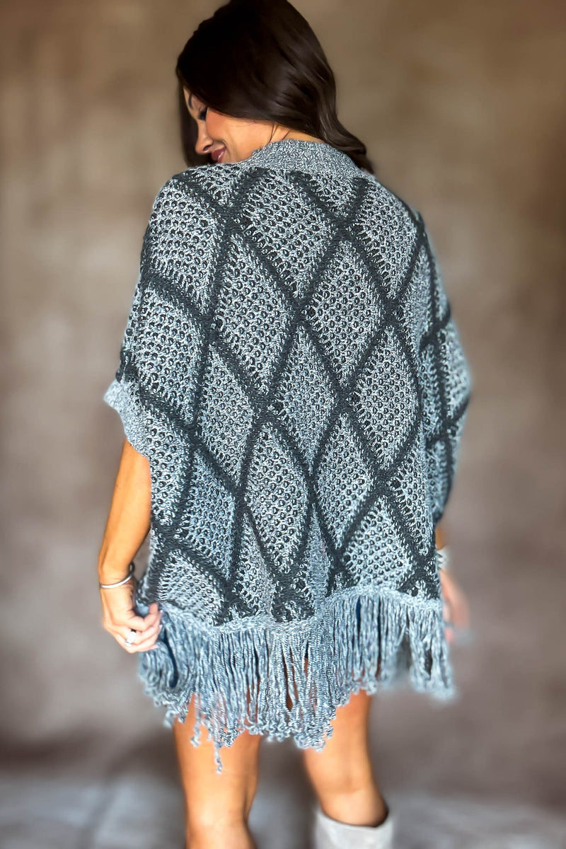 Grey Sweater Poncho With Fringe Hem