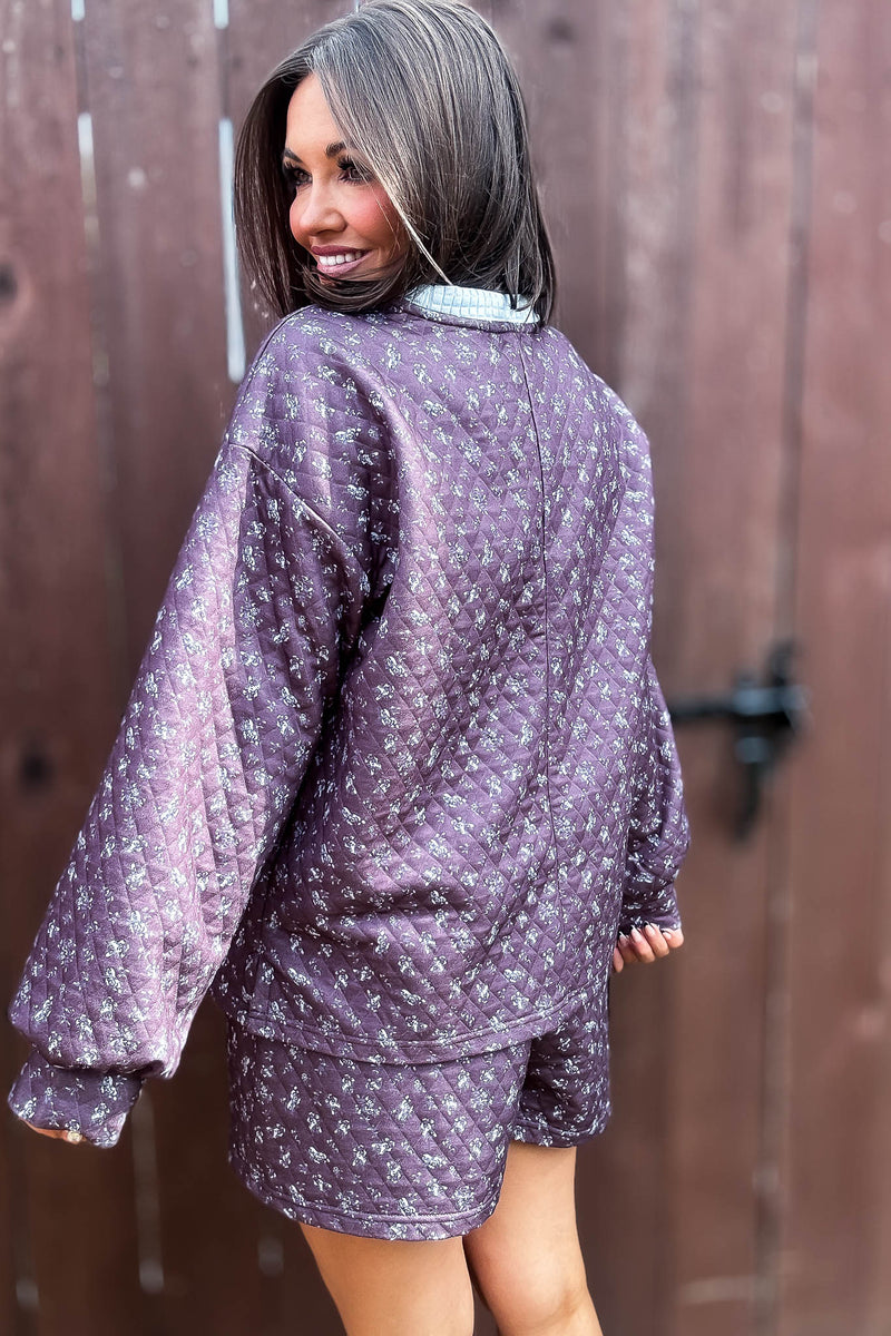 Annie Blue And Brown Floral Print Quilted Knit Pullover