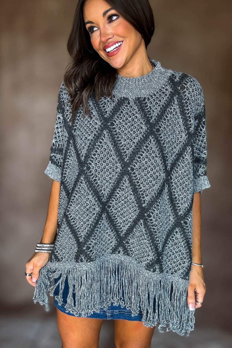 Grey Sweater Poncho With Fringe Hem