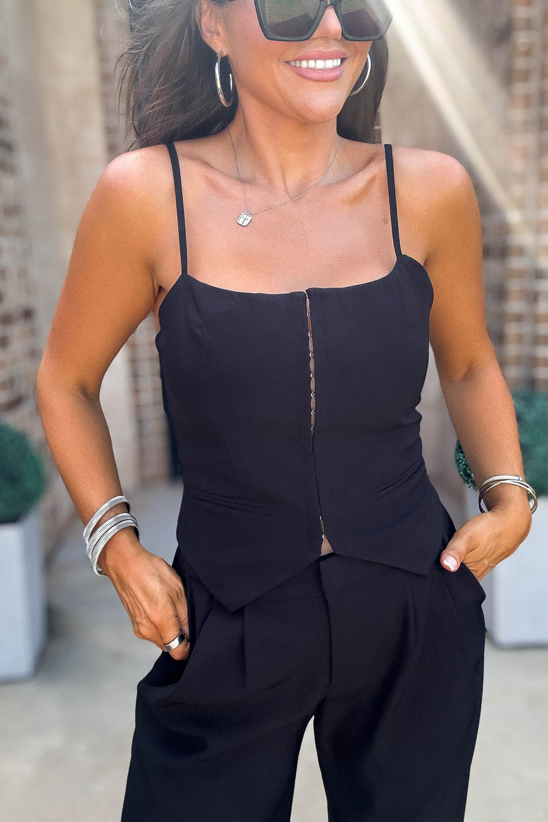 Mable Black Front Hook And Eye Vest Top
