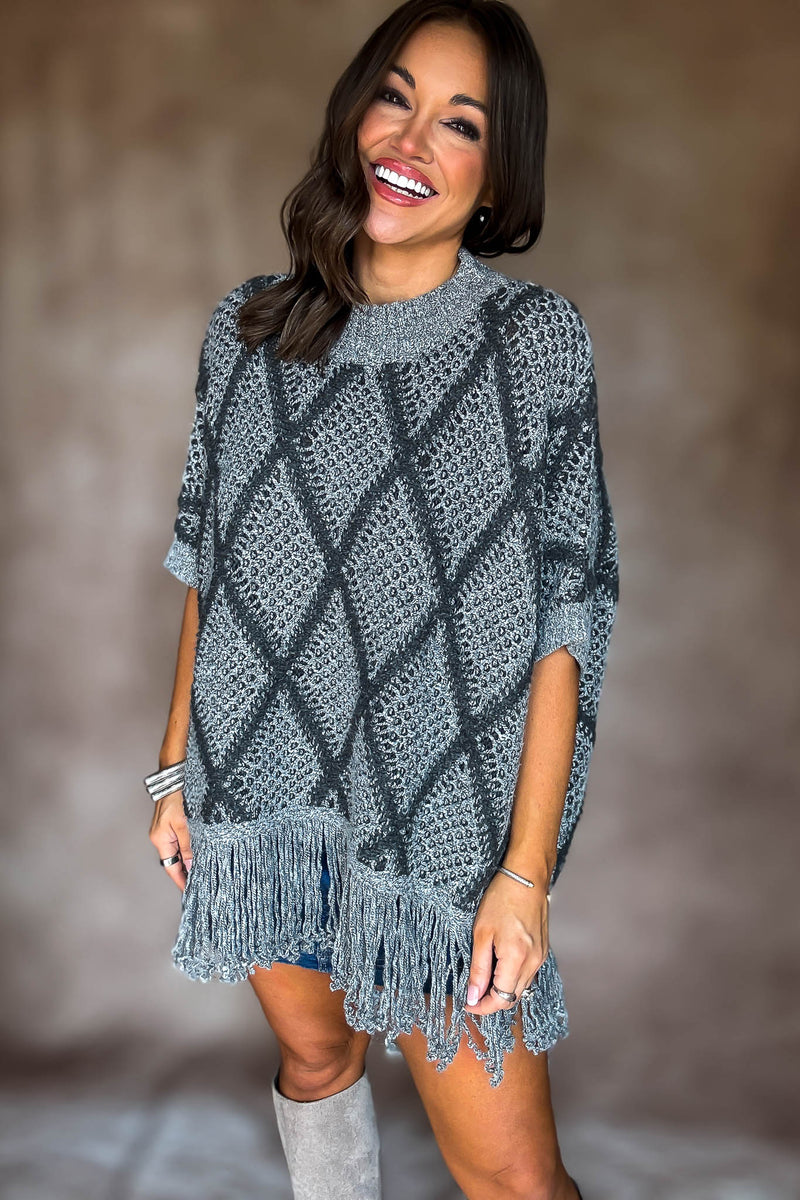 Grey Sweater Poncho With Fringe Hem