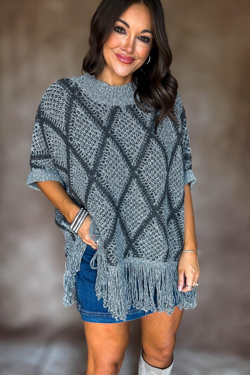 Grey Sweater Poncho With Fringe Hem