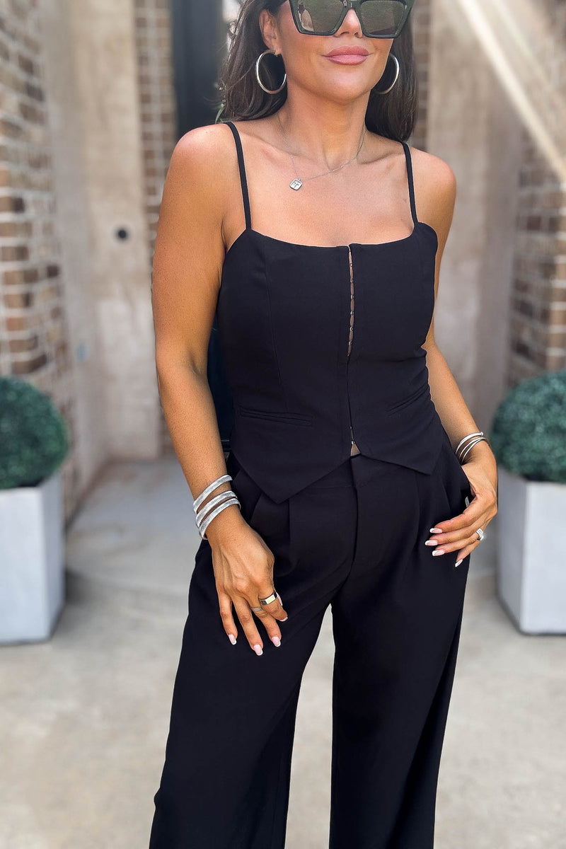 Mable Black Front Hook And Eye Vest Top