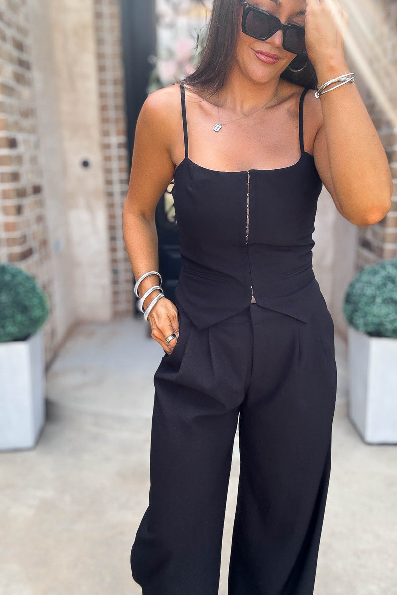 Mable Black Front Hook And Eye Vest Top
