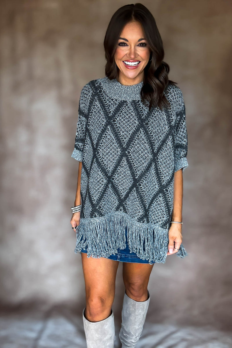 Grey Sweater Poncho With Fringe Hem