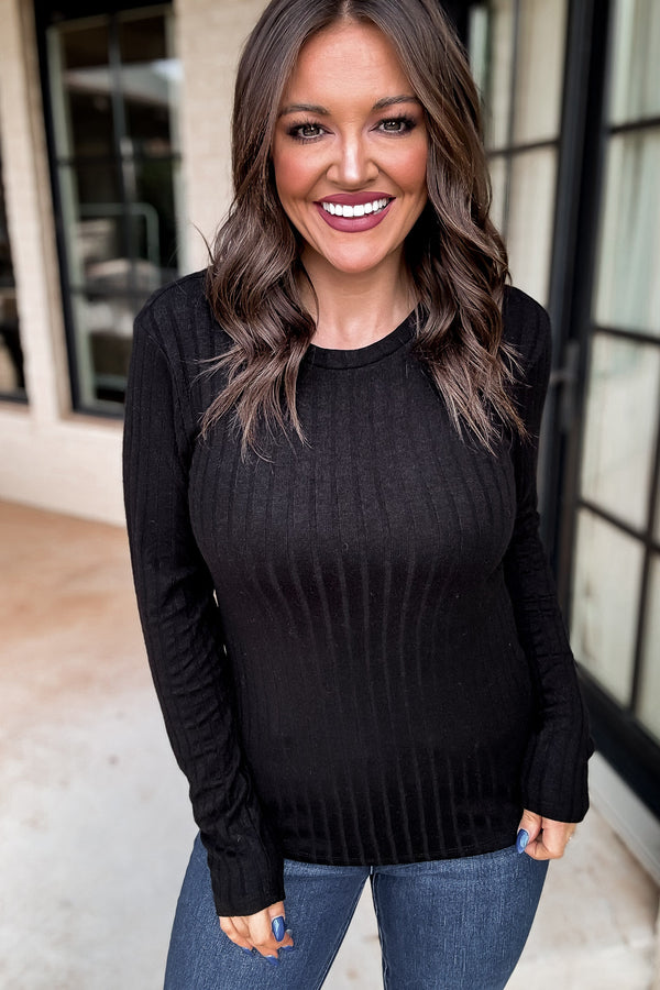 Ribbed Black Long Sleeve Round Neck Top