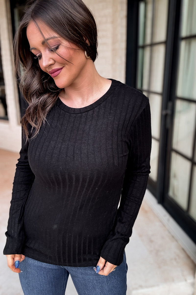 Ribbed Black Long Sleeve Round Neck Top