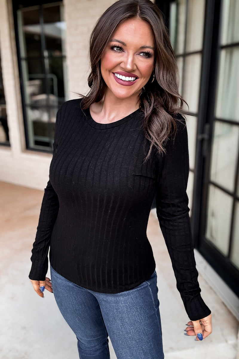 Ribbed Black Long Sleeve Round Neck Top