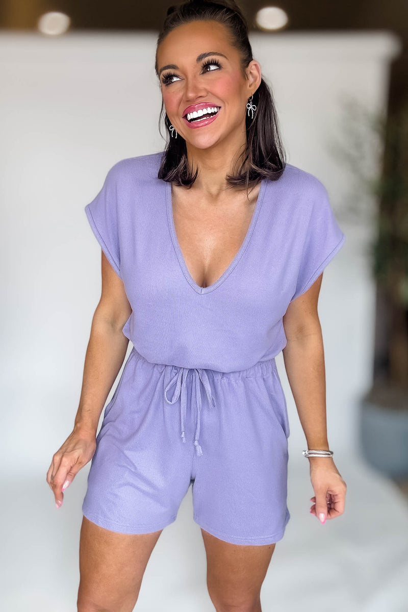 Brushed Lavender Hacci V-neck Romper