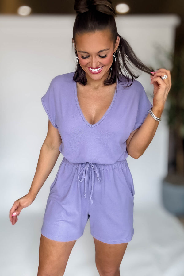 Brushed Lavender Hacci V-neck Romper