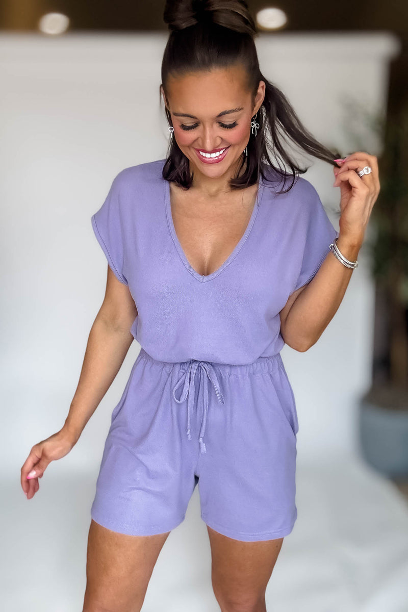Brushed Lavender Hacci V-neck Romper