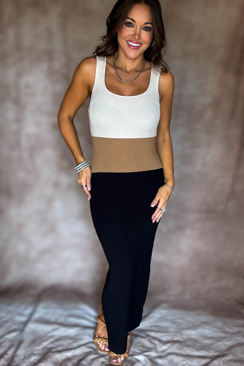 Square Neck Sleeveless Color Block Ribbed Dress