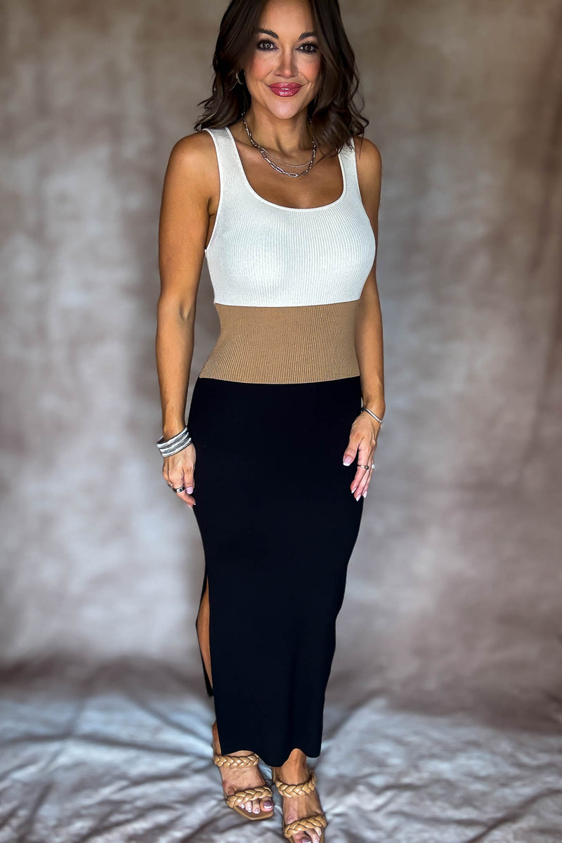 Square Neck Sleeveless Color Block Ribbed Dress