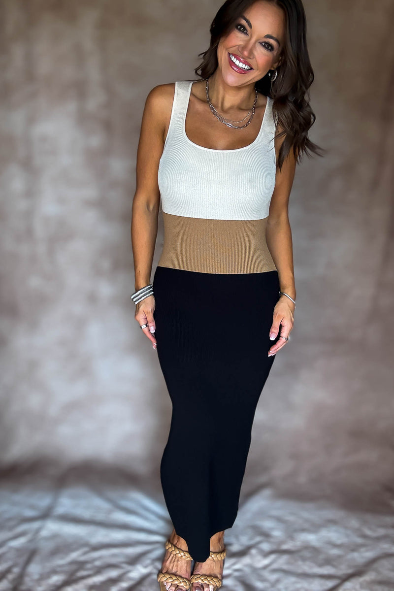 Square Neck Sleeveless Color Block Ribbed Dress