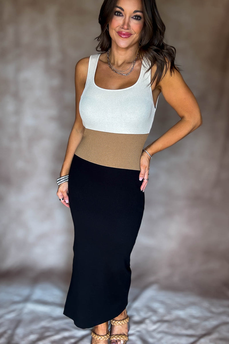 Square Neck Sleeveless Color Block Ribbed Dress