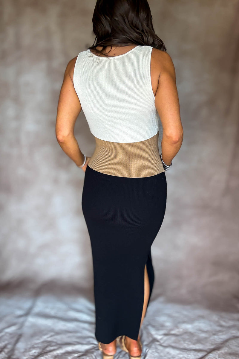 Square Neck Sleeveless Color Block Ribbed Dress