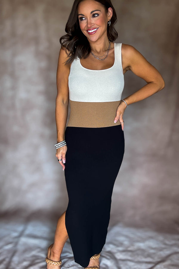 Square Neck Sleeveless Color Block Ribbed Dress