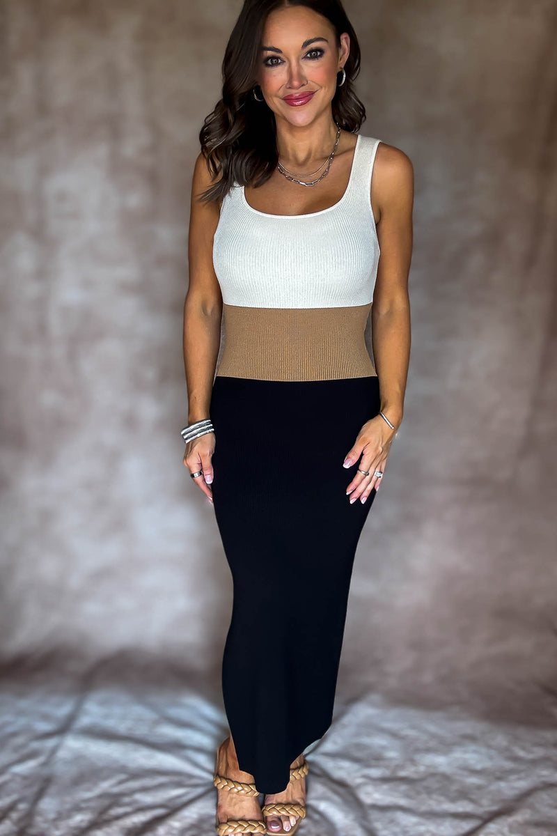 Square Neck Sleeveless Color Block Ribbed Dress