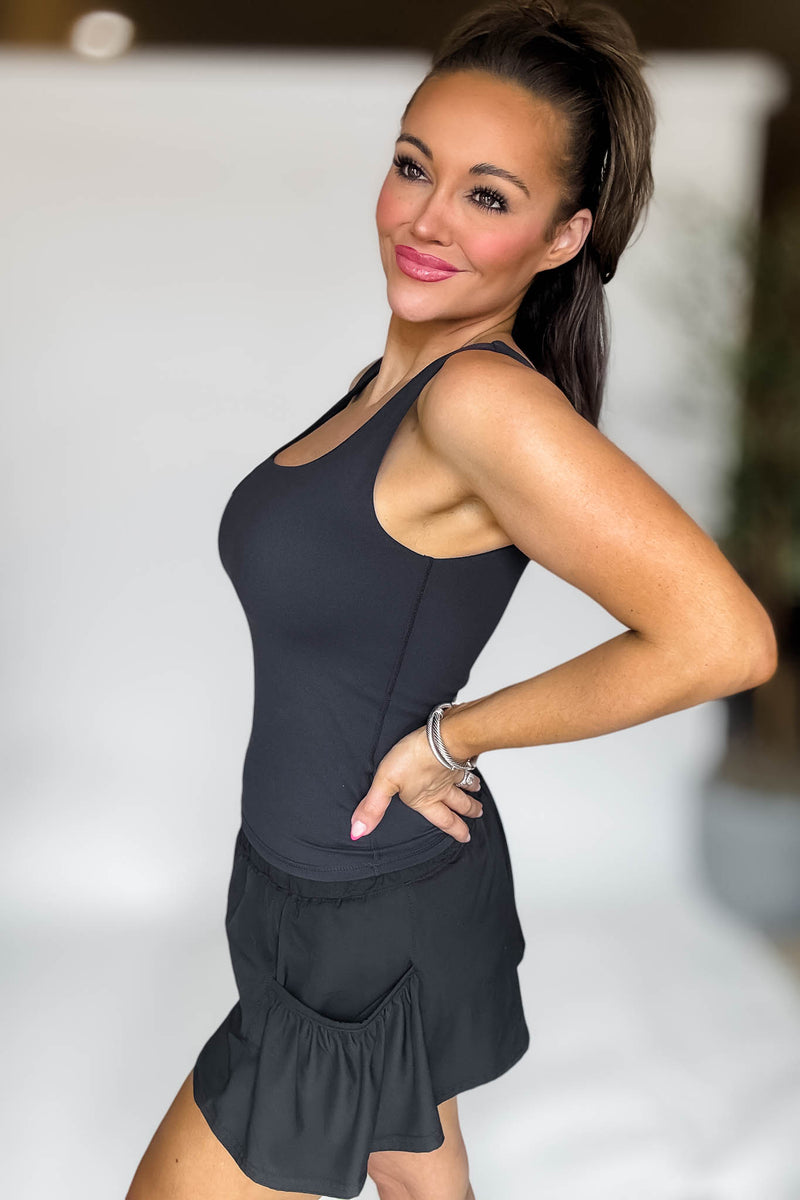 Lycra-blend Square Neck Black Active Tank
