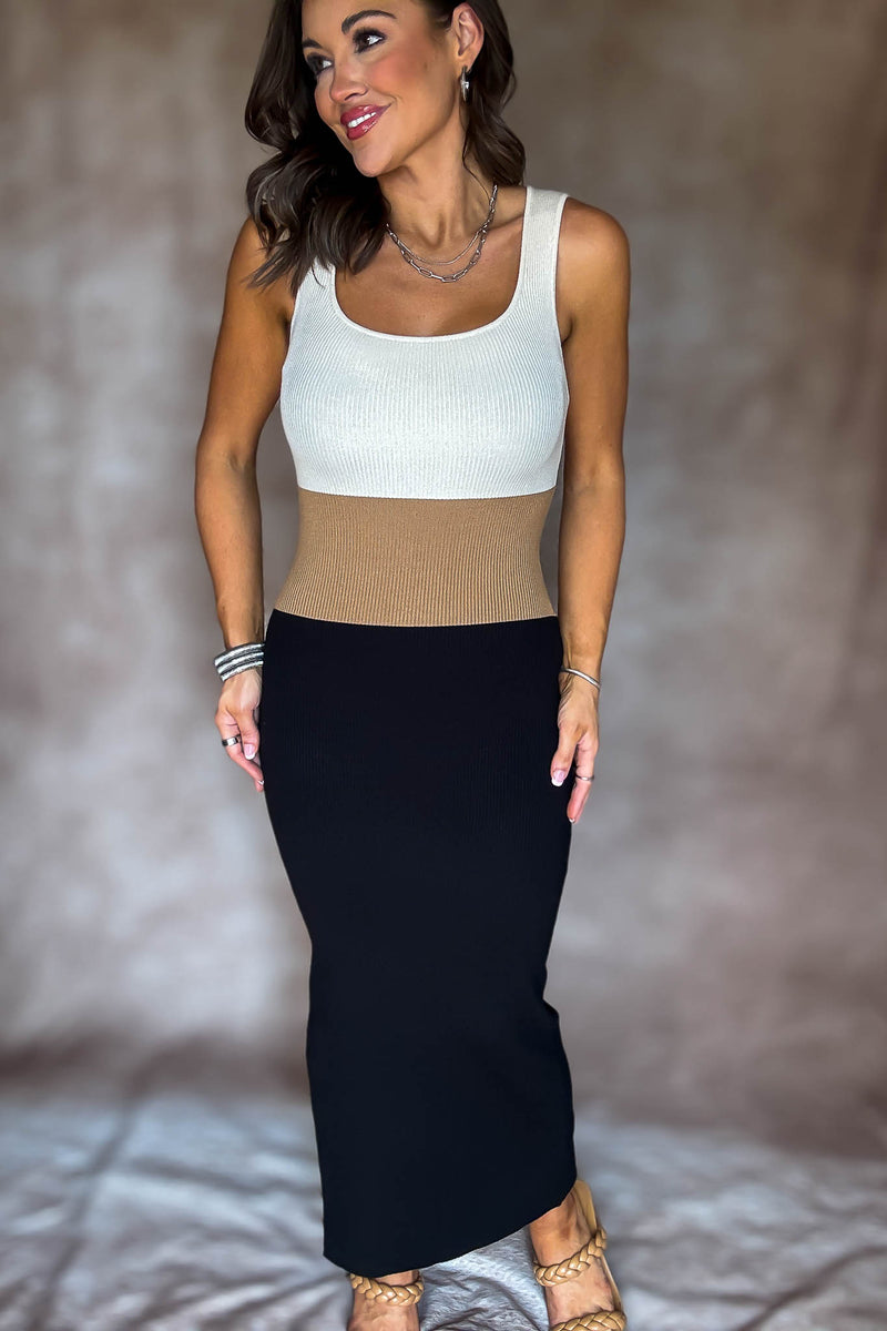 Square Neck Sleeveless Color Block Ribbed Dress