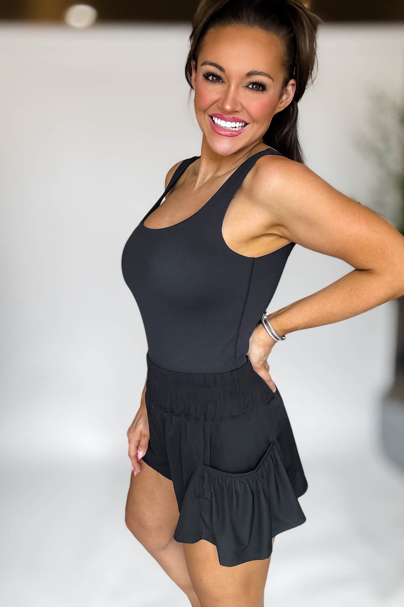 Lycra-blend Square Neck Black Active Tank