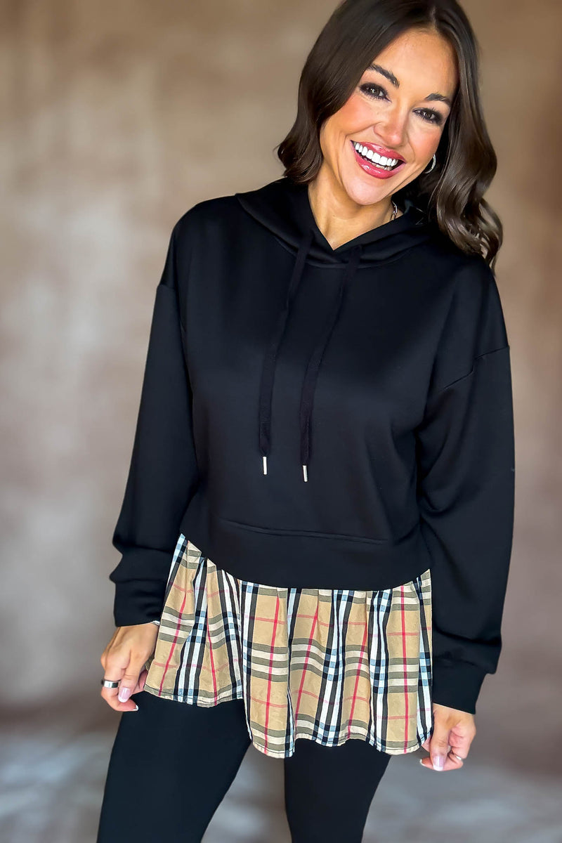 Burverry Black Classic Plaid Contrast Casual Hoodie Top