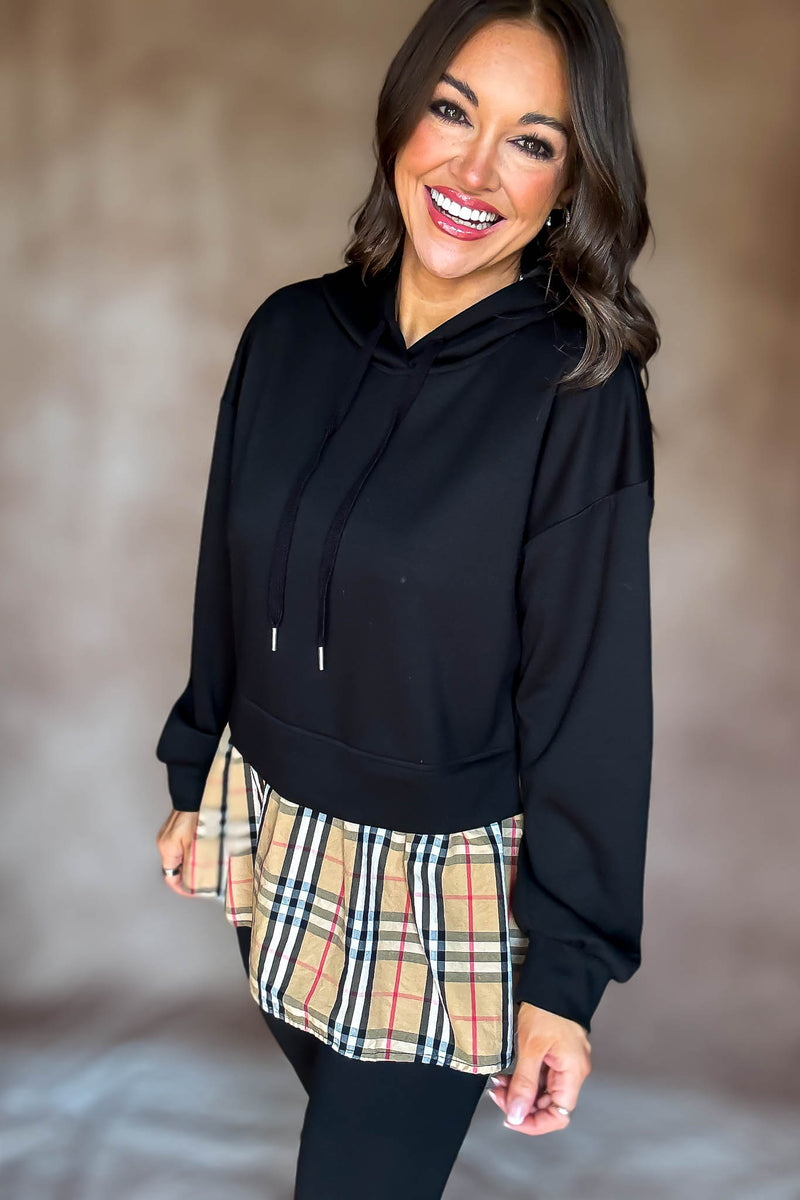 Burverry Black Classic Plaid Contrast Casual Hoodie Top