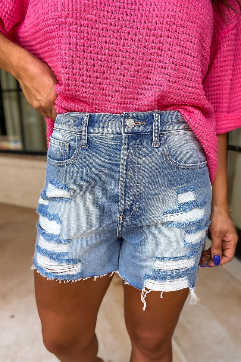 Ready and Waiting Light Wash Distressed Denim Shorts