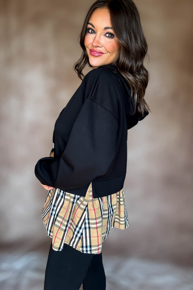 Burverry Black Classic Plaid Contrast Casual Hoodie Top