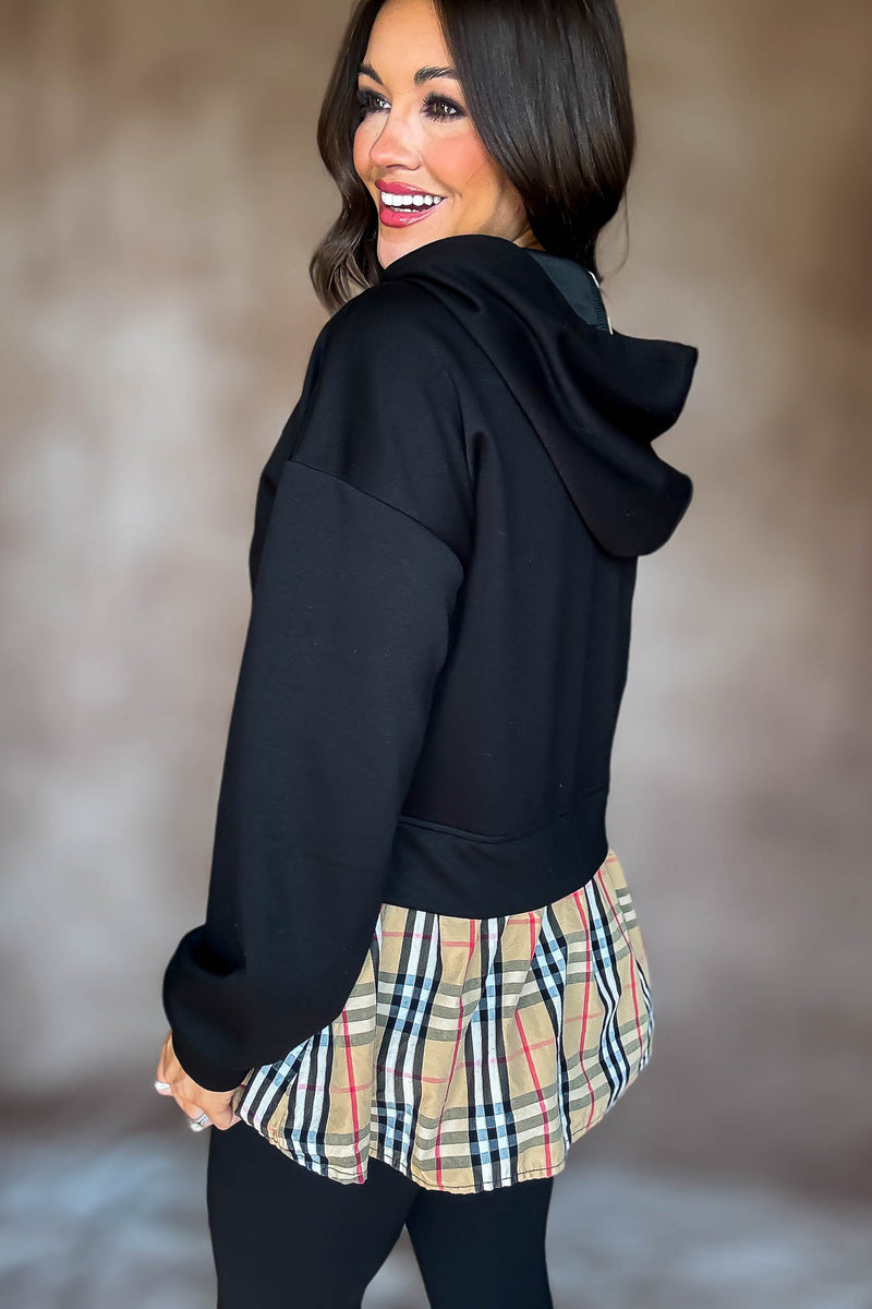 Burverry Black Classic Plaid Contrast Casual Hoodie Top