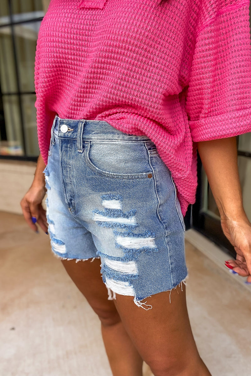 Ready and Waiting Light Wash Distressed Denim Shorts