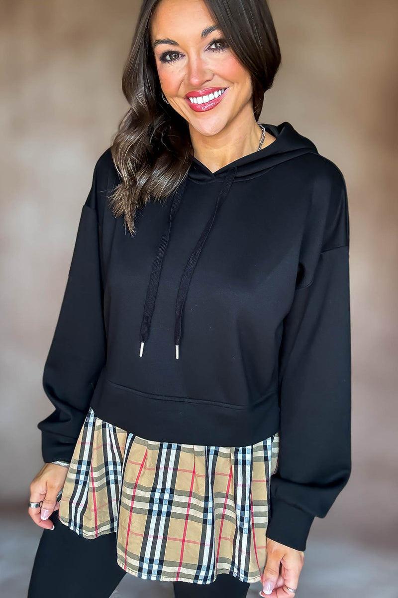Burverry Black Classic Plaid Contrast Casual Hoodie Top