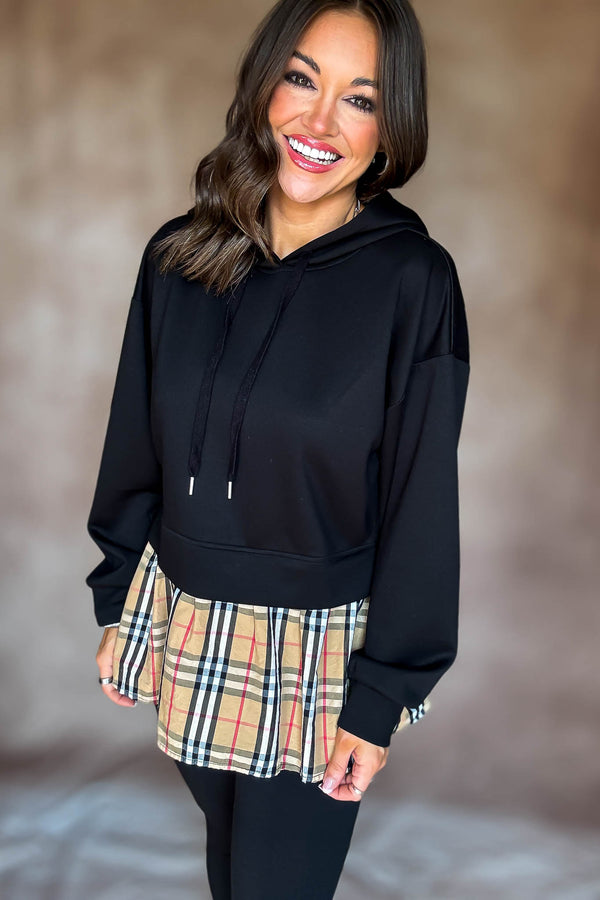 Burverry Black Classic Plaid Contrast Casual Hoodie Top