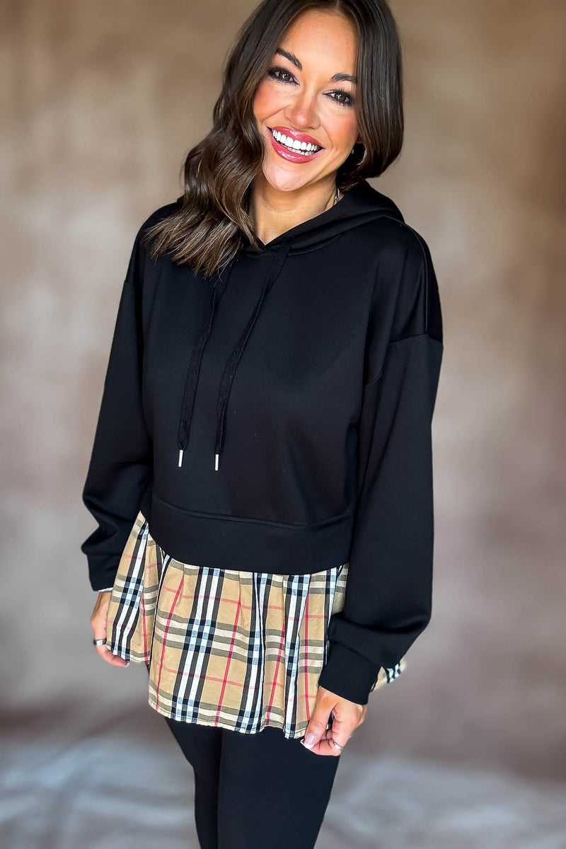 Burverry Black Classic Plaid Contrast Casual Hoodie Top